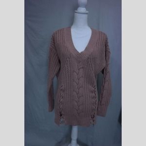 Express XS Blush Open Ribbed-knit textured V-neck sweater w/ braided sides